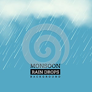 Vector illustration of Realistic rain drops with clouds - Monsoon Concept