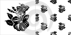 Black Hibiscus flowers with buds and leaves isolated on white background is in Seamless pattern