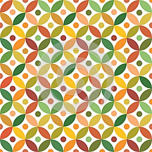 Colorful abstract mid century modern circle pattern with little dots in green, orange, amber, yellow and red
