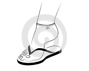 Beautiful Woman Feet wearing Sandals and Anklet line drawing isolated on white background