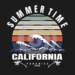 Califronia summer time waves retro vector illustration photo