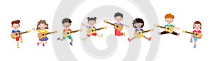 Group of cute kid jumping playing guitar, happy children playing the guitar. Musical performance. isolated vector Illustration