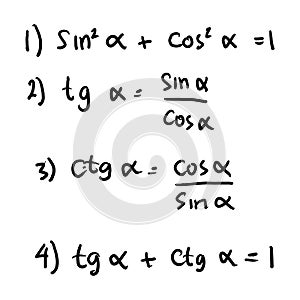 Basic trigonometric identities. Formulas to calculate sine, cosine, tangent, cotangent. photo