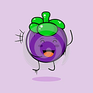 cute mangosteen character with smile and happy expression, jump, close eyes and mouth open