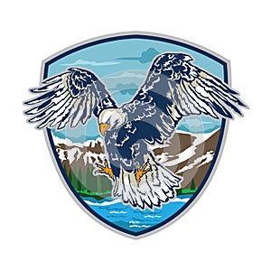 Eagle flying with mountain view background in hand drawn style badge design