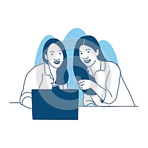 illustration Two Beautiful young women sitting at the table using a laptop work from home