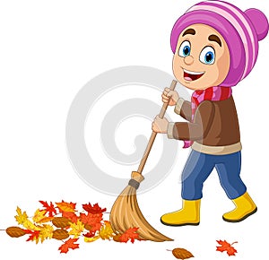 Cartoon little boy raking autumn leaves