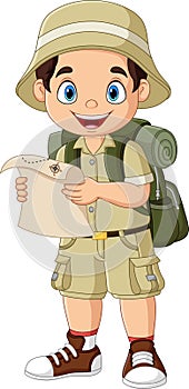 Cartoon hiker boy holding a map