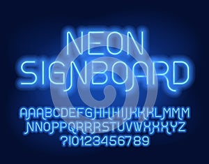 Neon Signboard alphabet font. Blue neon color geometric letters with alternates and numbers. photo