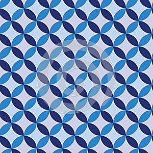 Mid century modern geometric circles seamless pattern in navy blue and turquoise on light background.