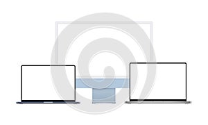 Blue Monitor and Laptops Mockups with Blank Screens