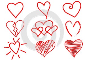 Set icon heart hand drawn style with white background. There are different shapes.