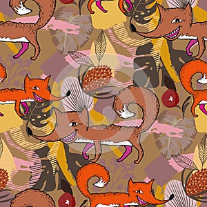 PrintSeamless pattern in cartoon style. Fox in the autumn forest.