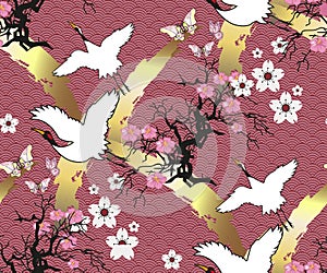 PrintSeamless pattern in Japanese style. Cranes, butterflies, sakura flowers.