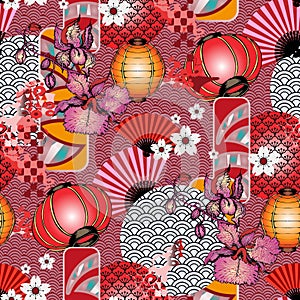 Seamless pattern in Japanese style. Fans, lanterns, butterflies, sakura flowers.