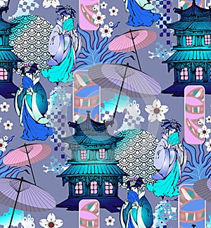 Seamless pattern in Japanese style. Cranes, butterflies, sakura flowers.