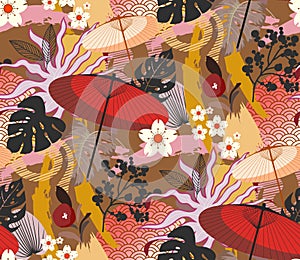 Seamless pattern in Japanese style. Fans, lanterns, butterflies, sakura flowers.