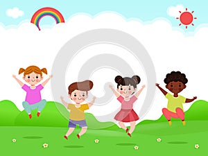 Cute kids Playing on the grass, Happy Children jumping and dancing on the park or playground Template for advertising brochure