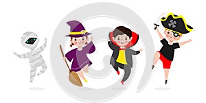 Happy Halloween Kids Costume Party. trick or treat, mummy, witch, dracula, pirate, Group of children in Halloween cosplay flat
