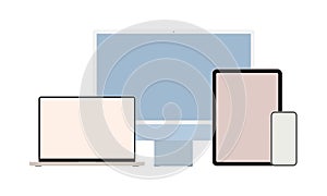 Set of Modern Flat Vector Devices. Computer Monitor, Laptop, Tablet, Smartphone