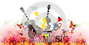Stylish musical poster with abstract cello, guitar, trumpet and piano in pink colors. Floral background with butterflies for conc