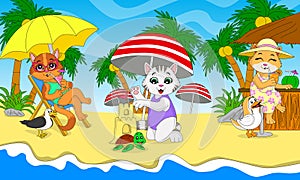 illustration of a collection of cats playing on the beach