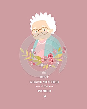 Print. Nice old woman. Vector grandmother. The best grandmother in the world. Cartoon character. photo