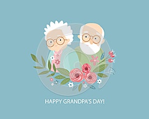 Print. Nice old couple. Vector grandparents. Cartoon characters. photo