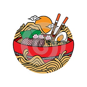 Japanese ramen noodles soup bowl vector icon illustration with vintage retro flat style. Asian Japanese traditional food cuisine.