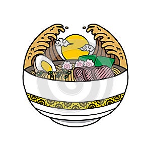 Japanese ramen noodles soup bowl vector icon illustration with vintage retro flat style. Asian Japanese traditional food cuisine.