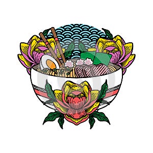 Japanese ramen noodles soup bowl vector icon illustration with vintage retro flat style. Asian Japanese traditional food cuisine.