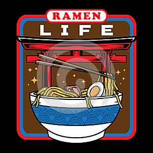 Japanese ramen noodles soup bowl vector icon illustration with vintage retro flat style. Asian Japanese traditional food cuisine.