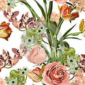 Seamless pattern with creamy orange flowers, oxypetalum, tulip, daffodil, orchids flower on a white background. photo