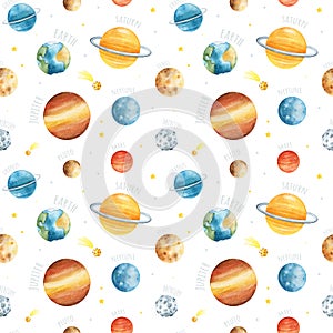 Seamless white texture with watercolor stars and planets. photo
