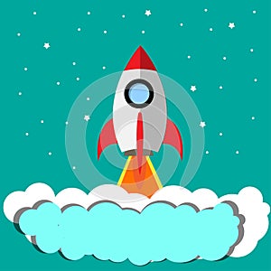 Rocket ship flies up with sky clouds on blue background. Flat icon.
