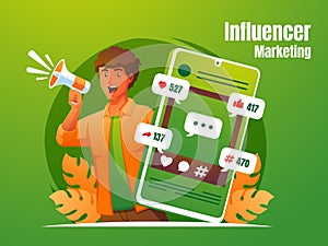 a man screaming with megaphone and smartphone influencer marketing concept