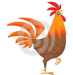 Cartoon rooster with bright feathers on the tail and a red crest. Vector illustration