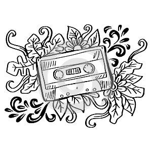 Cassette doodle hand drawing with floral decoration.