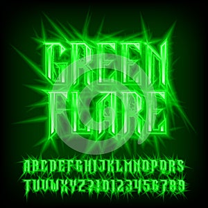 Green Flare alphabet font. Electric letters and numbers in hard rock style.