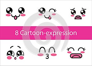 Expressive eyes and mouth, smiling, crying and surprised character face expressions vector illustration.