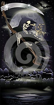 Grim Reaper with crow in city, halloween full moon card