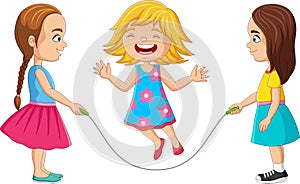 Cartoon three girls playing jumping rope