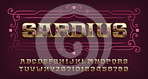 Sardius alphabet font. Gold letters and numbers with red gemstones.