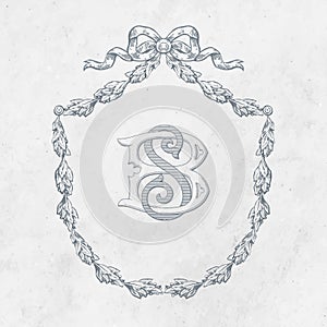 Vintage Monogram Wedding Wreath Monogram Logo Interlock - Sketched - monogrammed - SB initial two letter monogram