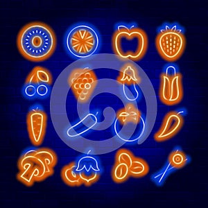 Fruit and vegetables vector neon icons set.