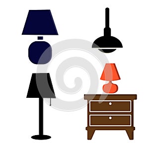 Furniture chandelier, floor and table lamp in flat cartoon style. A set of lamps on a white background