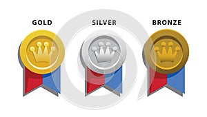 award medal vector icon. gold, silver and bronze medals. award winner sign with red blue ribbon.