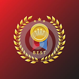 gold medal icon with red and blue ribbon. Winner medal vector illustration