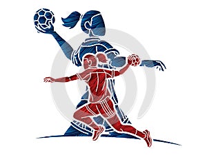 Group of Handball Players  Female Mix Action Cartoon Sport Team Graphic Vector