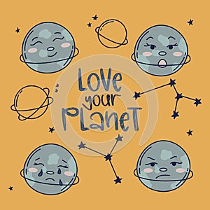 Love your planet doodle vector poster. Cosmos astronomy illustration.